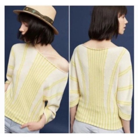 Anthropologie Moth Knit Striped Sweater Size XS Dolman Sleeve‎ Boat Neck Yellow - Picture 1 of 6